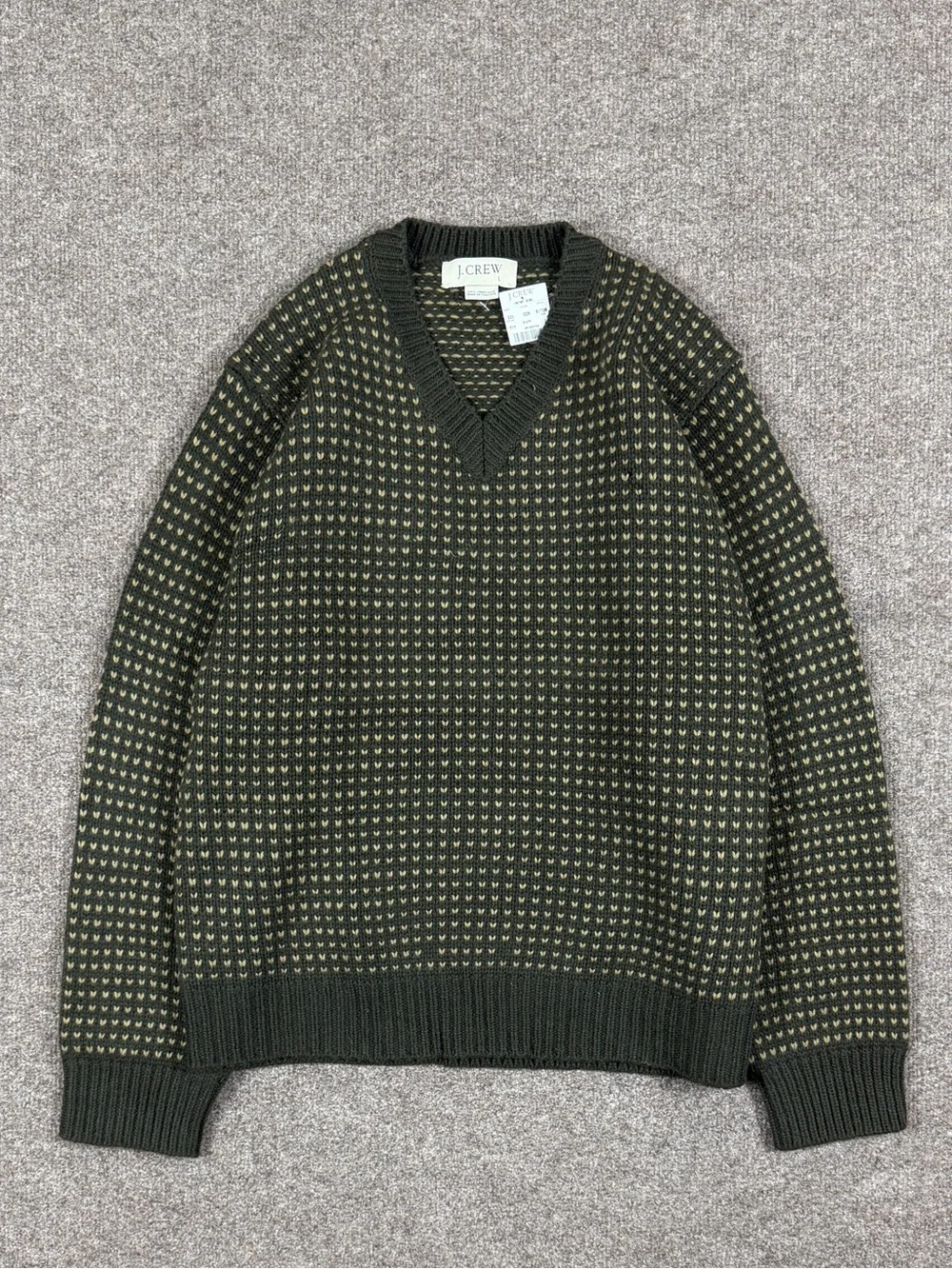 J Crew Green Birdseye Pattern V-Neck Knit Wool Pullover Sweater Men’s Large NWT